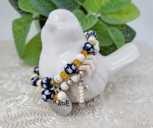 Down Syndrome Awareness Jewelry, Blue lamp glass and yellow beaded stretch bracelet, The Lucky Few, TRIBE charm - Down Syndrome Boutique