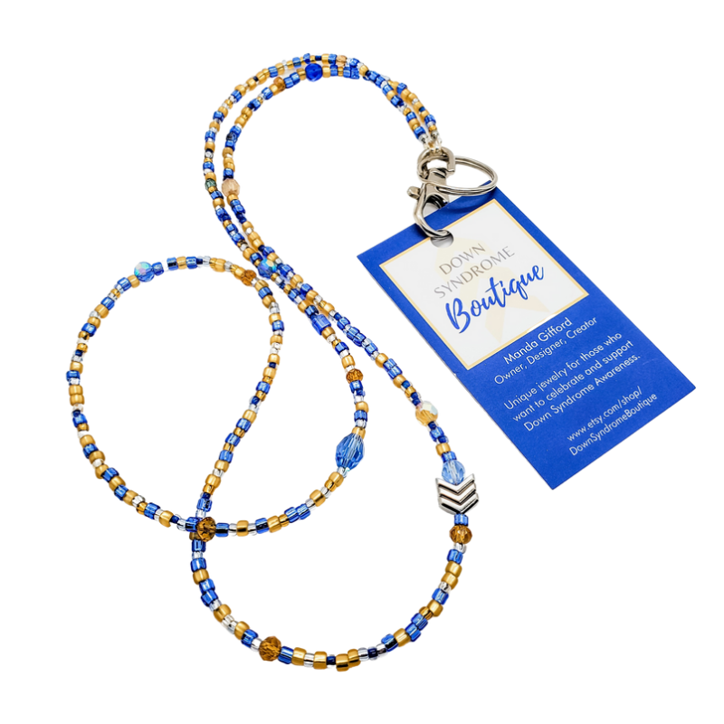 Down Syndrome Awareness Jewelry and Gifts. This lanyard is made from brightly colored blue, yellow and gold glass beads that are hand strung on a 33 inch lanyard and features 3 silver or gold chevrons.
