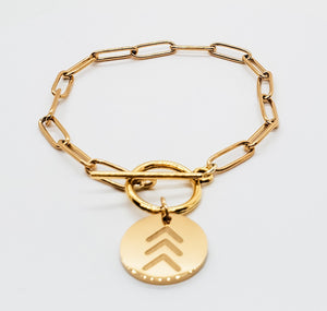 Trending paperclip bracelet with circle clasp and gold chevron Lucky Few charm - Down Syndrome Boutique