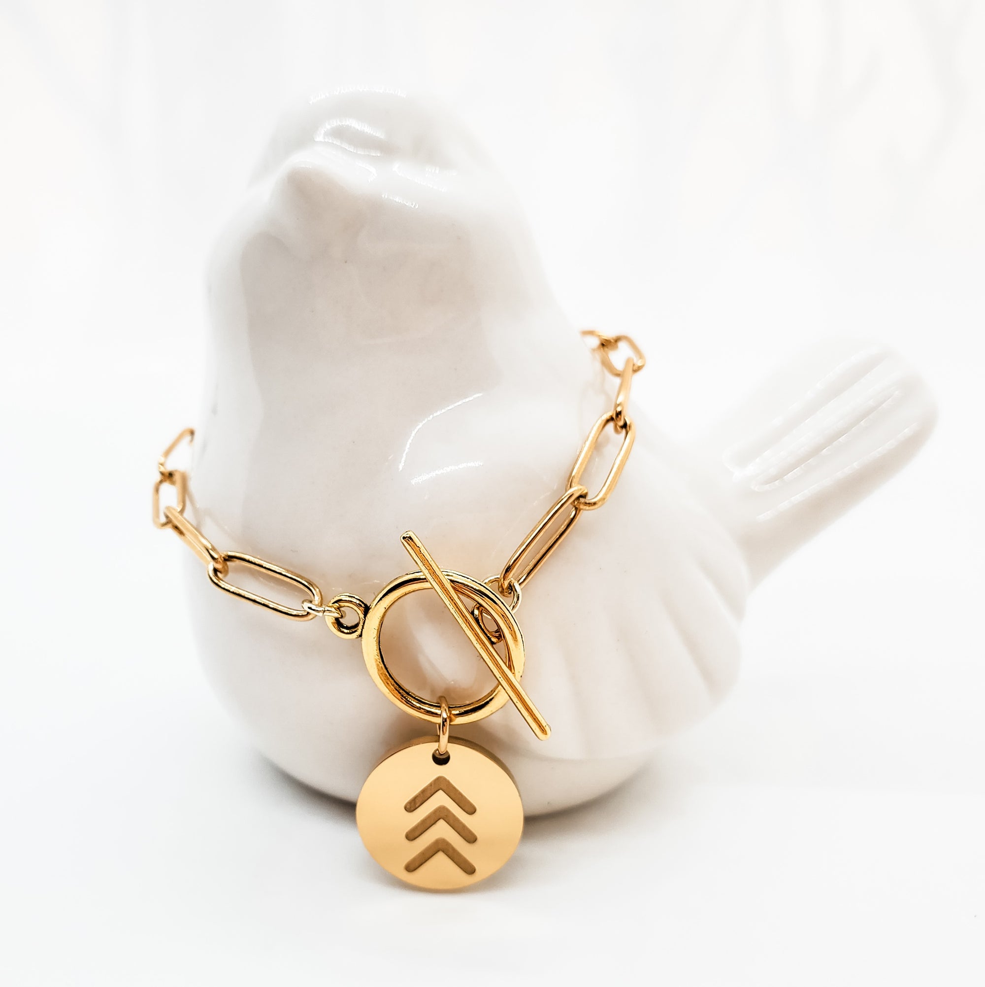 Trending paperclip bracelet with circle clasp and gold chevron Lucky Few charm - Down Syndrome Boutique