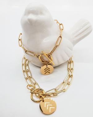 Trending paperclip bracelet with circle clasp and gold chevron Lucky Few charm - Down Syndrome Boutique