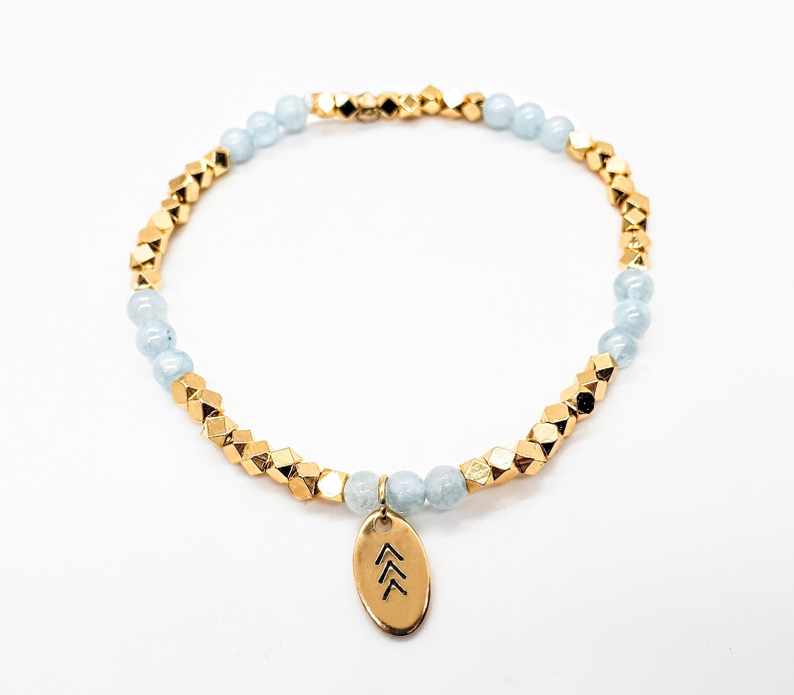 Trendy! Genuine Light Aquamarine Beads and Gold or Silver Nugget Beads with Chevron Charm. Silver Nugget / S (5.5 - 6.5) Inches