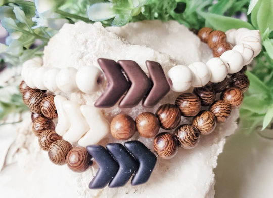 Sandalwood and howlite beaded bracelets with glass chevrons make the perfect unisex bracelet - Down Syndrome Boutique