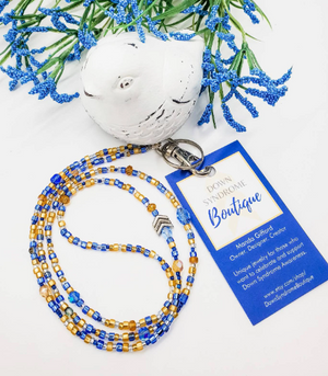 Classically colored blue and yellow glass seed beads make this strong lanyard and features silver or gold chevrons - Down Syndrome Boutique