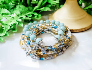 Long blue and yellow beaded wrap bracelet with Tribe charm, Down Syndrome Gift, personalize with initial, The Lucky Few - Down Syndrome Boutique