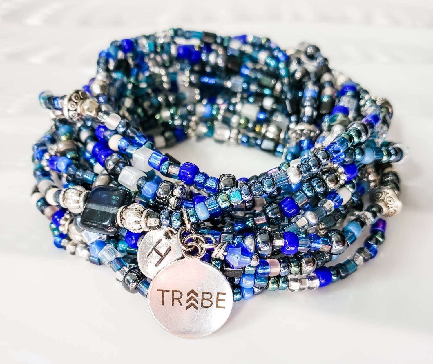 Blue beaded 5 wrap stretch bracelet, personalization available, Initial bracelet, Down Syndrome Awareness Jewelry, the lucky few - Down Syndrome Boutique