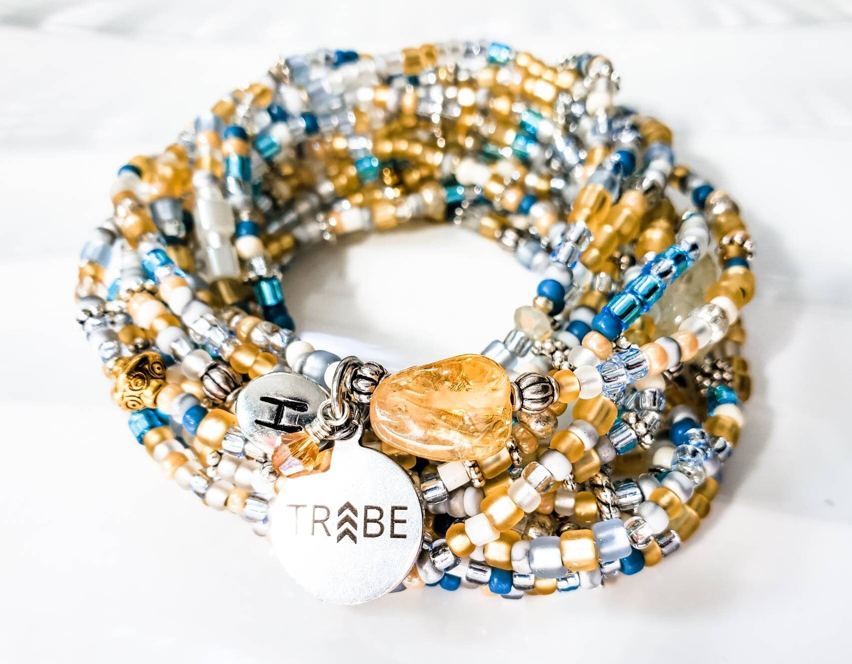 Long blue and yellow beaded wrap bracelet with Tribe charm, Down Syndrome Gift, personalize with initial, The Lucky Few - Down Syndrome Boutique