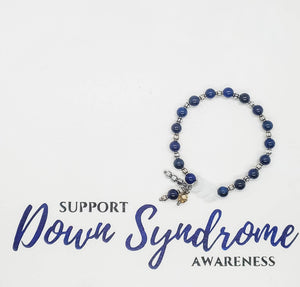 Blue lapis lazuli beaded stretch bracelet with white glass chevrons and silver accents, Down Syndrome Jewelry and Gifts, The Lucky Few - Down Syndrome Boutique