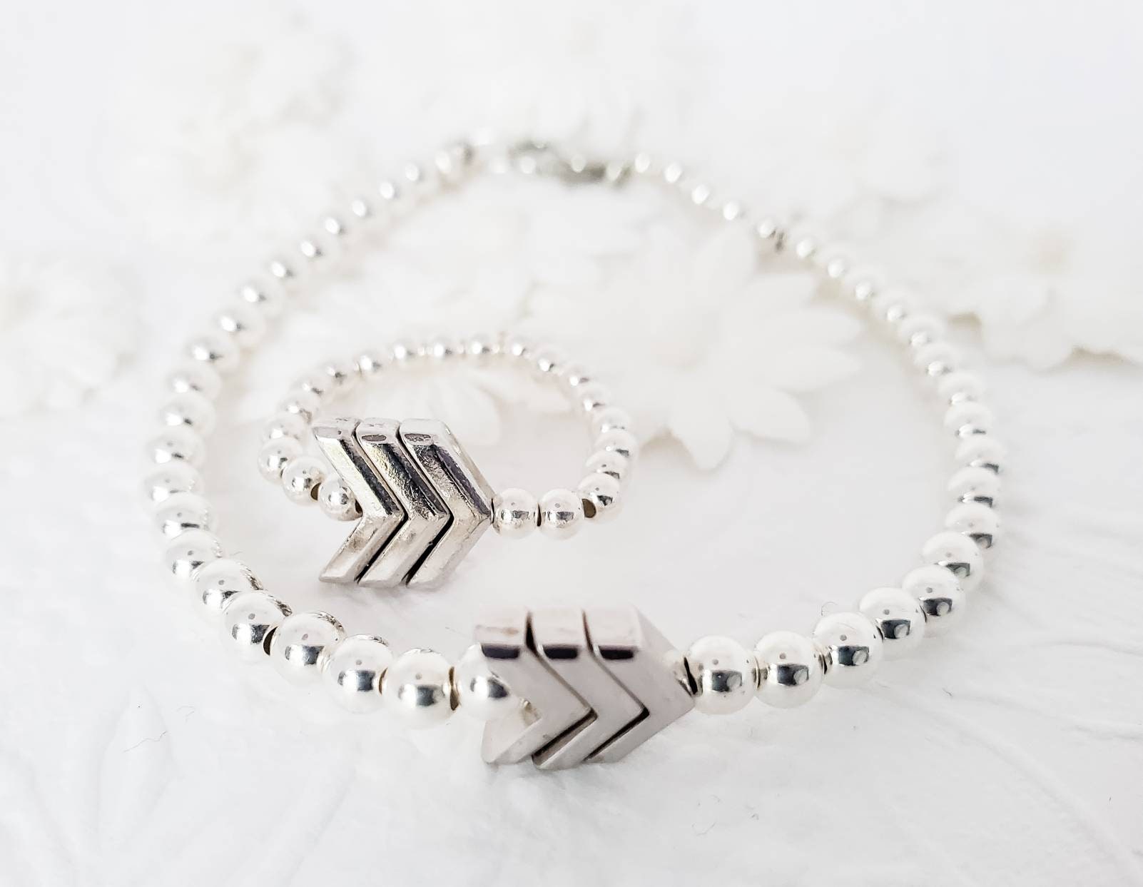 Sterling Silver beaded bracelet with 3 silver chevrons, Down Syndrome Gift, The Lucky Few, arrow bracelet - Down Syndrome Boutique