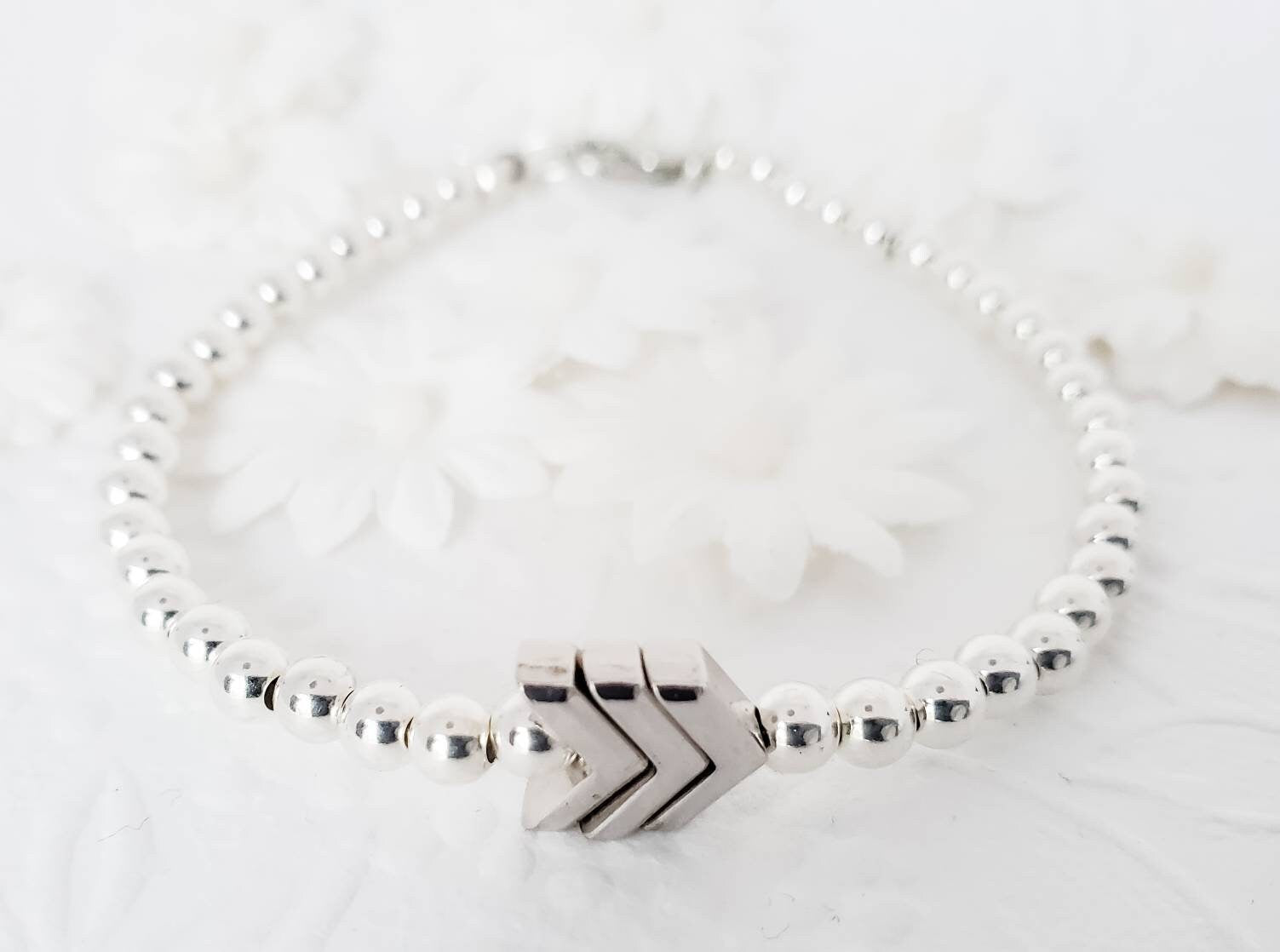 Sterling Silver beaded bracelet with 3 silver chevrons, Down Syndrome Gift, The Lucky Few, arrow bracelet - Down Syndrome Boutique