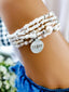 Down syndrome gifts, white and pearl seed bead wrap bracelet, June birthstone, chevron charm - Down Syndrome Boutique